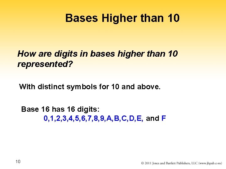 Bases Higher than 10 How are digits in bases higher than 10 represented? With