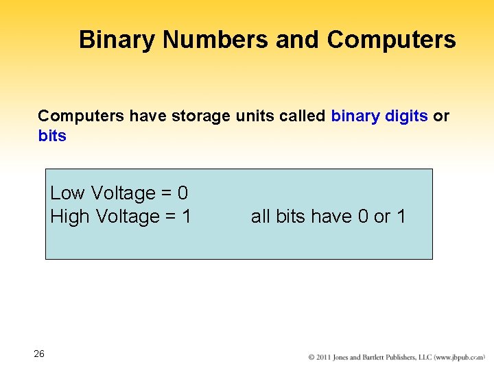 Binary Numbers and Computers have storage units called binary digits or bits Low Voltage