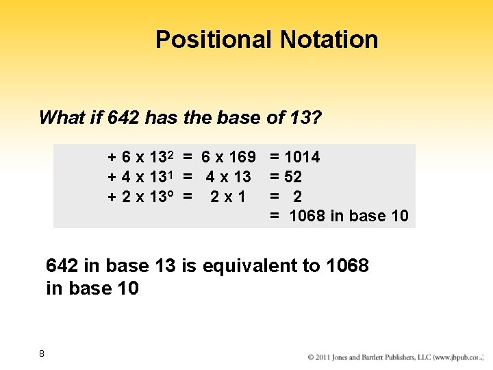 Positional Notation What if 642 has the base of 13? + 6 x 132