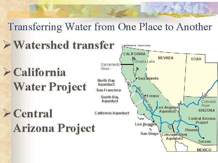 Transferring Water from One Place to Another Ø Watershed transfer CALIFORNIA Sacramento River Ø