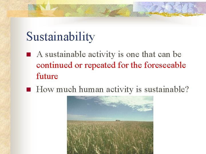 Sustainability n n A sustainable activity is one that can be continued or repeated