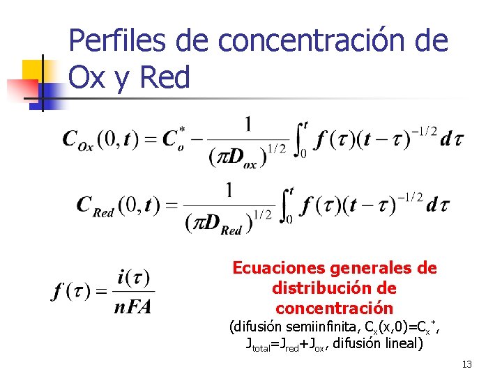 Perfiles de concentración de Ox y Red Ecuaciones generales de distribución de concentración (difusión