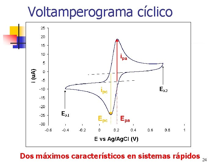 Voltamperograma cíclico Dos máximos característicos en sistemas rápidos 24 
