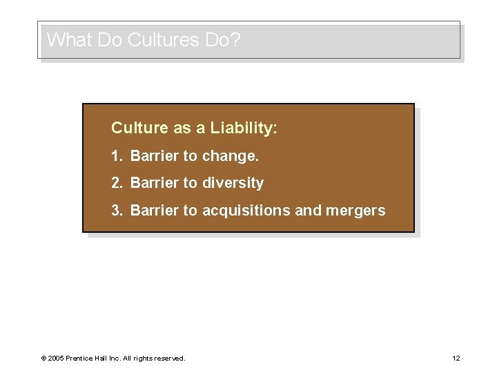 What Do Cultures Do? Culture as a Liability: 1. Barrier to change. 2. Barrier