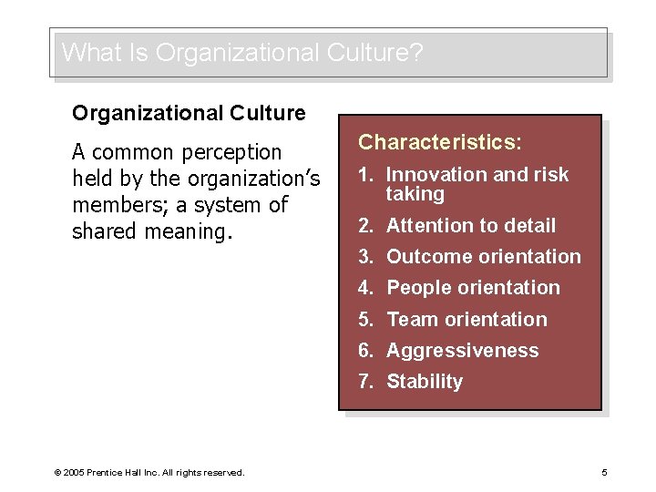 What Is Organizational Culture? Organizational Culture A common perception held by the organization’s members;