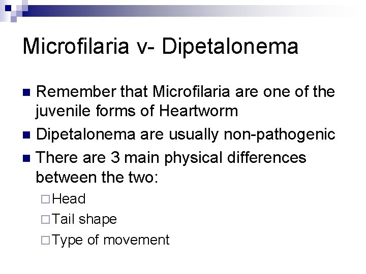 Microfilaria v- Dipetalonema Remember that Microfilaria are one of the juvenile forms of Heartworm
