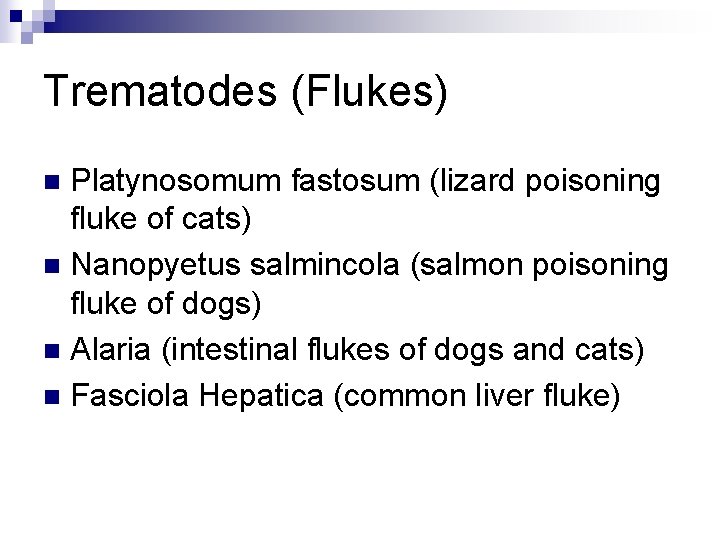 Trematodes (Flukes) Platynosomum fastosum (lizard poisoning fluke of cats) n Nanopyetus salmincola (salmon poisoning