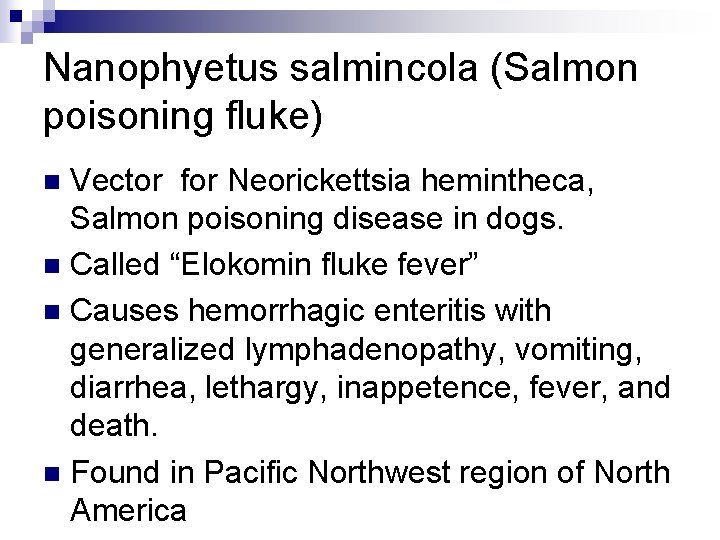 Nanophyetus salmincola (Salmon poisoning fluke) Vector for Neorickettsia hemintheca, Salmon poisoning disease in dogs.