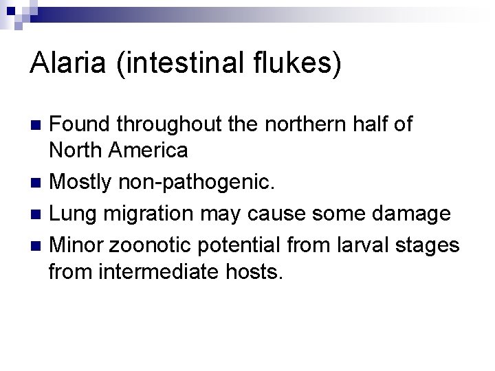 Alaria (intestinal flukes) Found throughout the northern half of North America n Mostly non-pathogenic.