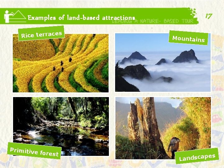 17 Examples of land-based attractions Rice terraces Primitive forest Mountains es Landscap 