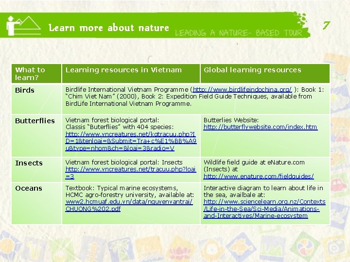 7 Learn more about nature What to learn? Learning resources in Vietnam Global learning