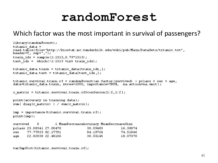 random. Forest Which factor was the most important in survival of passengers? library(random. Forest);