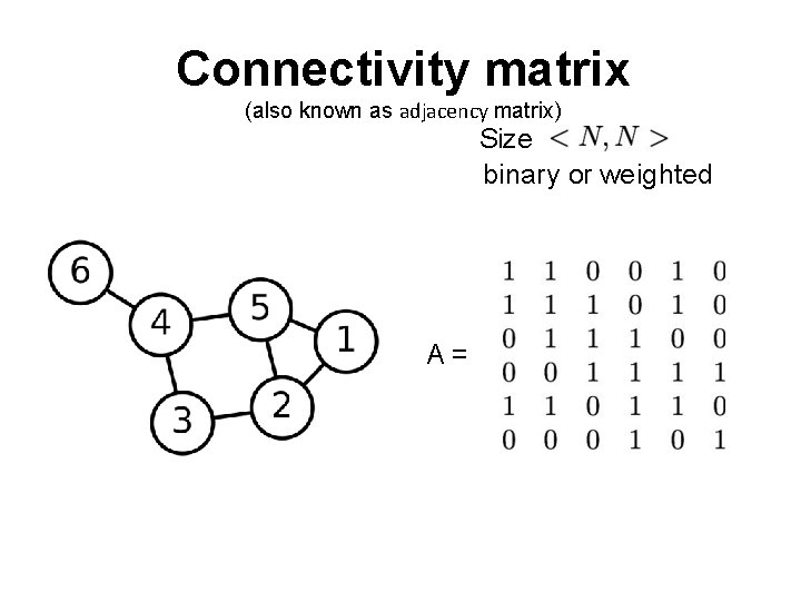 Connectivity matrix (also known as adjacency matrix) Size binary or weighted A= 