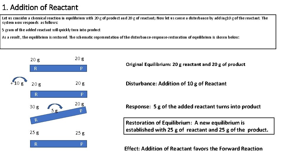 1. Addition of Reactant Let us consider a chemical reaction in equilibrium with 20