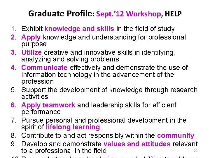 Graduate Profile: Sept. ’ 12 Workshop, HELP 1. Exhibit knowledge and skills in the