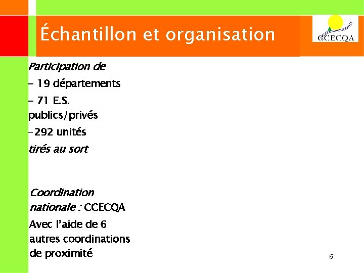 Échantillon et organisation Participation de - 19 départements - 71 E. S. publics/privés -292