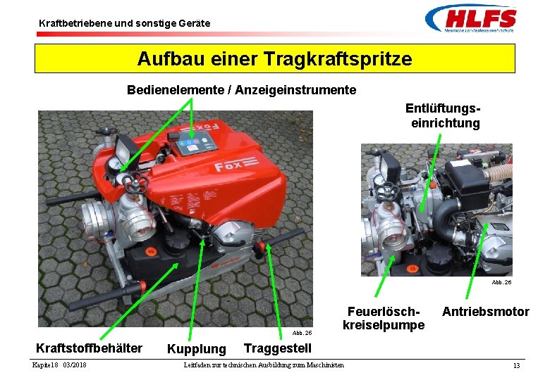 Kraftbetriebene und sonstige Geräte Aufbau einer Tragkraftspritze Bedienelemente / Anzeigeinstrumente Entlüftungseinrichtung Abb. 26 Abb.