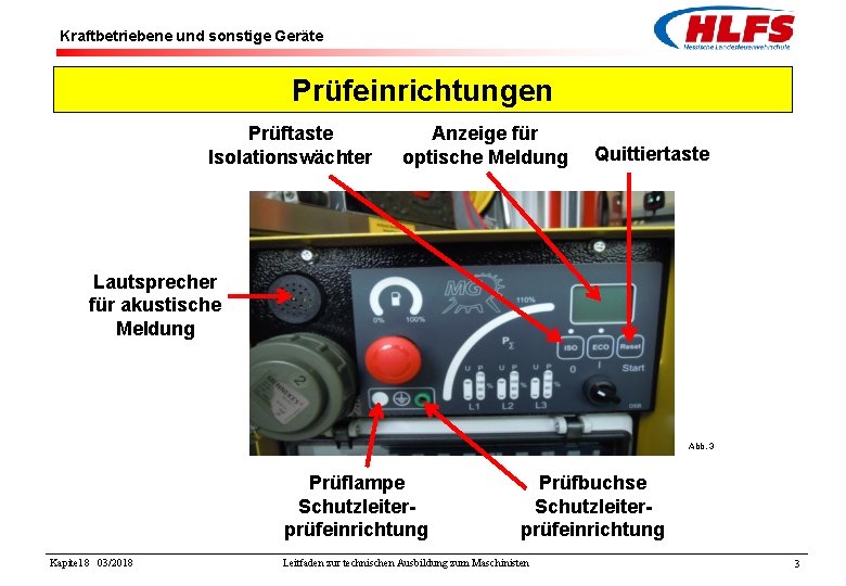 Kraftbetriebene und sonstige Geräte Prüfeinrichtungen Prüftaste Isolationswächter Anzeige für optische Meldung Quittiertaste Lautsprecher für
