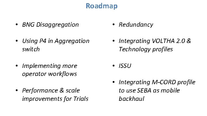 Roadmap • BNG Disaggregation • Redundancy • Using P 4 in Aggregation switch •