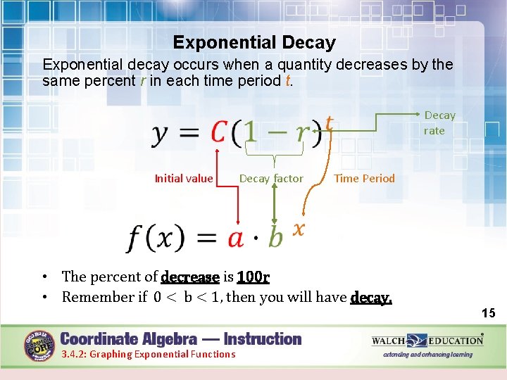 Exponential Decay Exponential decay occurs when a quantity decreases by the same percent r