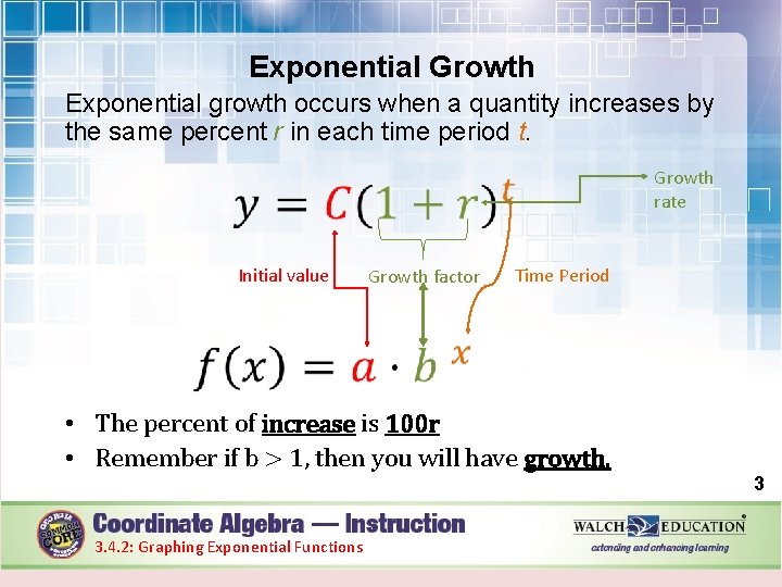 Exponential Growth Exponential growth occurs when a quantity increases by the same percent r