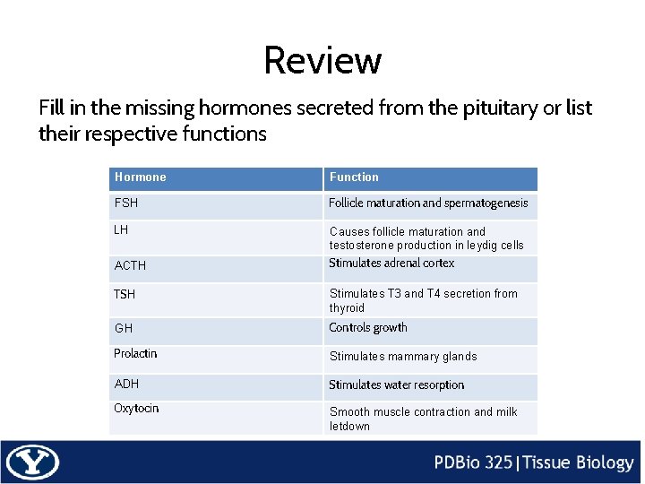 Review Fill in the missing hormones secreted from the pituitary or list their respective