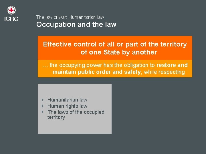 The law of war: Humanitarian law Occupation and the law Effective control of all