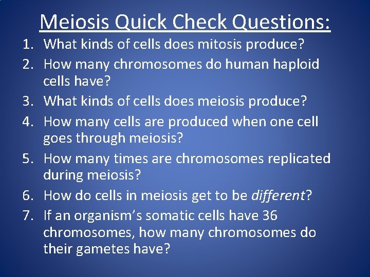 Meiosis Quick Check Questions: 1. What kinds of cells does mitosis produce? 2. How