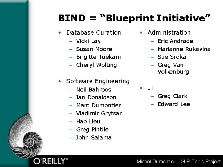 BIND = “Blueprint Initiative” • Database Curation – – Vicki Lay Susan Moore Brigitte