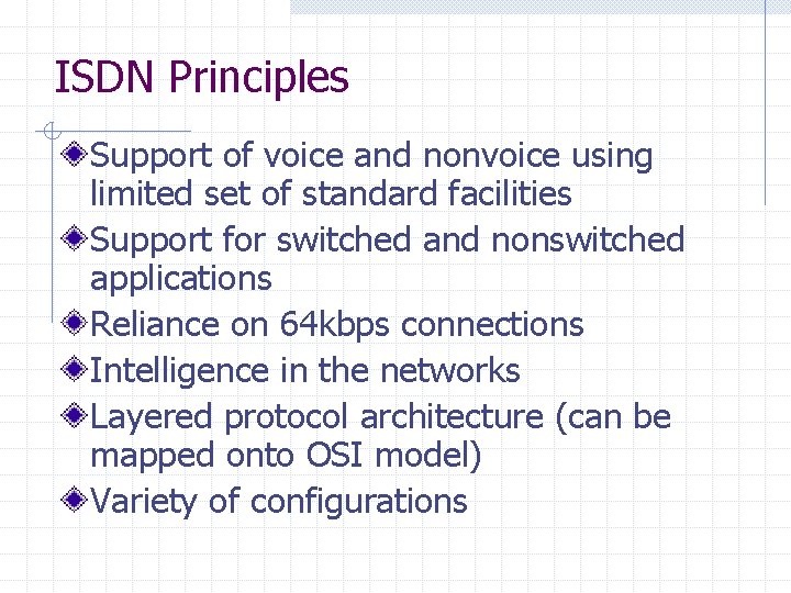 ISDN Principles Support of voice and nonvoice using limited set of standard facilities Support