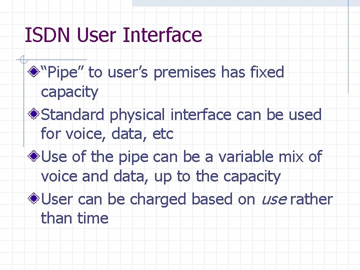 ISDN User Interface “Pipe” to user’s premises has fixed capacity Standard physical interface can