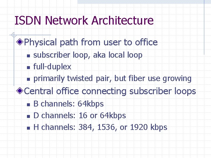 ISDN Network Architecture Physical path from user to office n n n subscriber loop,