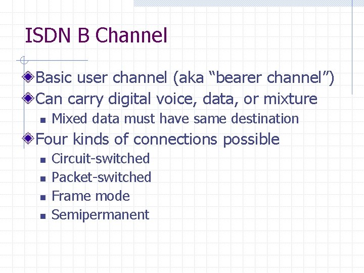 ISDN B Channel Basic user channel (aka “bearer channel”) Can carry digital voice, data,