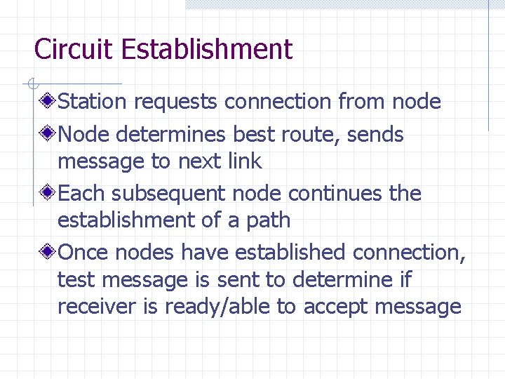 Circuit Establishment Station requests connection from node Node determines best route, sends message to