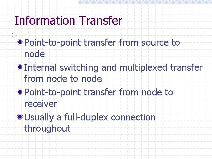 Information Transfer Point-to-point transfer from source to node Internal switching and multiplexed transfer from