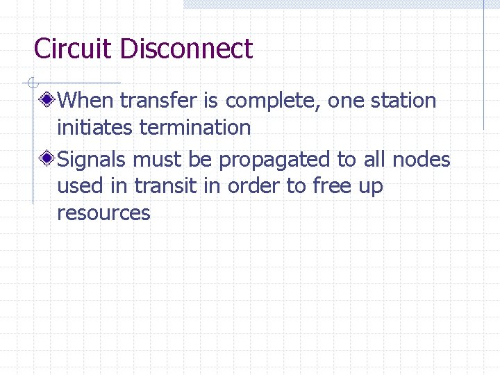Circuit Disconnect When transfer is complete, one station initiates termination Signals must be propagated