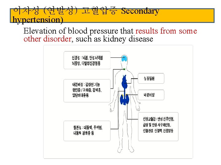 이차성 (연발성) 고혈압증 Secondary hypertension) Elevation of blood pressure that results from some other