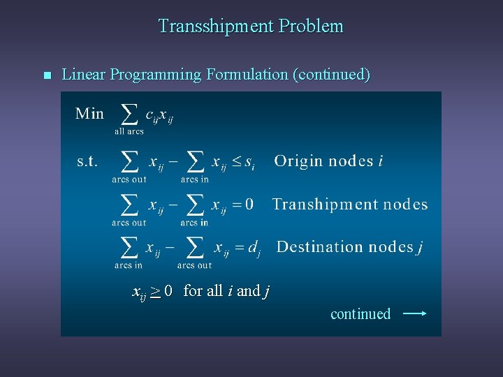 Transshipment Problem n Linear Programming Formulation (continued) xij > 0 for all i and