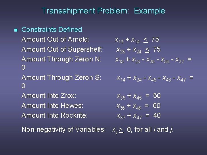 Transshipment Problem: Example n Constraints Defined Amount Out of Arnold: Amount Out of Supershelf: