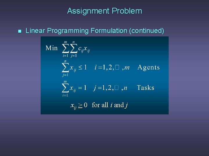 Assignment Problem n Linear Programming Formulation (continued) xij > 0 for all i and