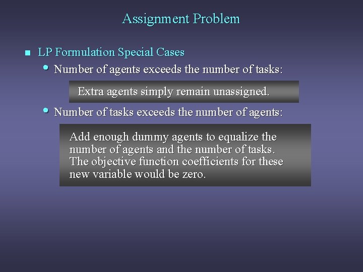 Assignment Problem n LP Formulation Special Cases • Number of agents exceeds the number
