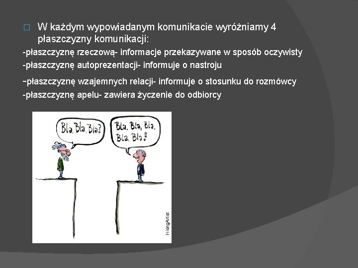 � W każdym wypowiadanym komunikacie wyróżniamy 4 płaszczyzny komunikacji: -płaszczyznę rzeczową- informacje przekazywane w
