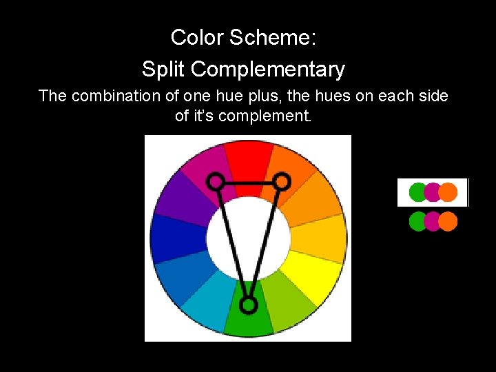 Color Scheme: Split Complementary The combination of one hue plus, the hues on each