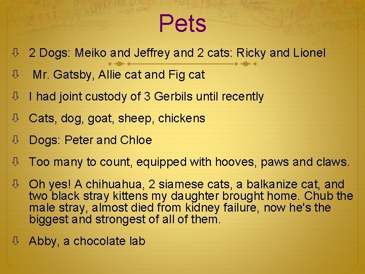 Pets 2 Dogs: Meiko and Jeffrey and 2 cats: Ricky and Lionel Mr. Gatsby,