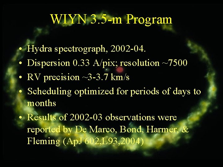 WIYN 3. 5 -m Program • • Hydra spectrograph, 2002 -04. Dispersion 0. 33