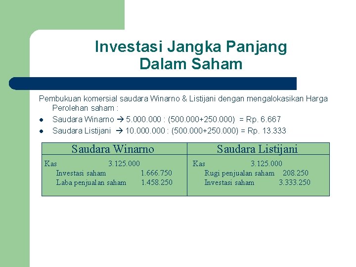 Investasi Jangka Panjang Dalam Saham Pembukuan komersial saudara Winarno & Listijani dengan mengalokasikan Harga