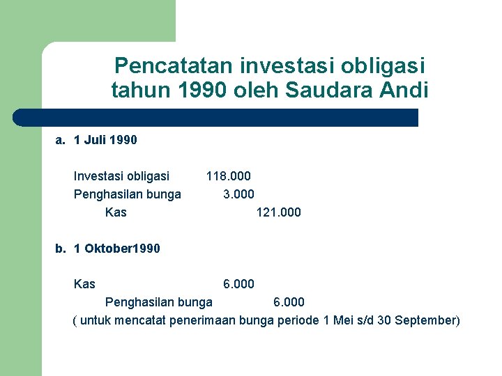 Pencatatan investasi obligasi tahun 1990 oleh Saudara Andi a. 1 Juli 1990 Investasi obligasi