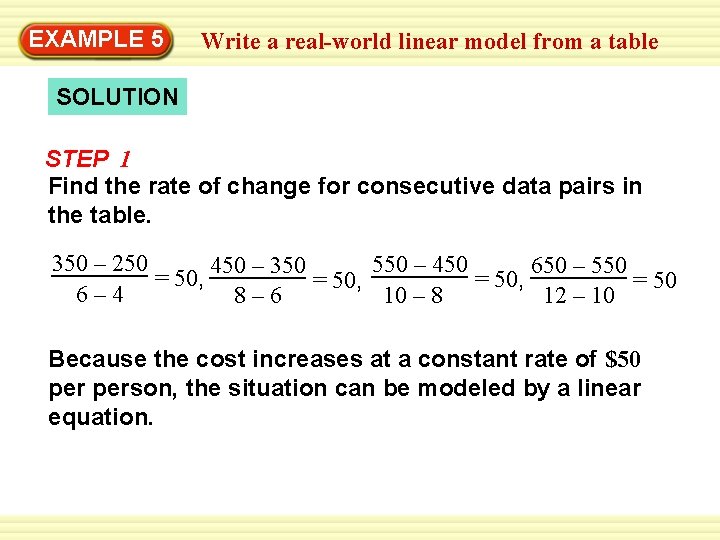 EXAMPLE 5 Write a real-world linear model from a table SOLUTION STEP 1 Find