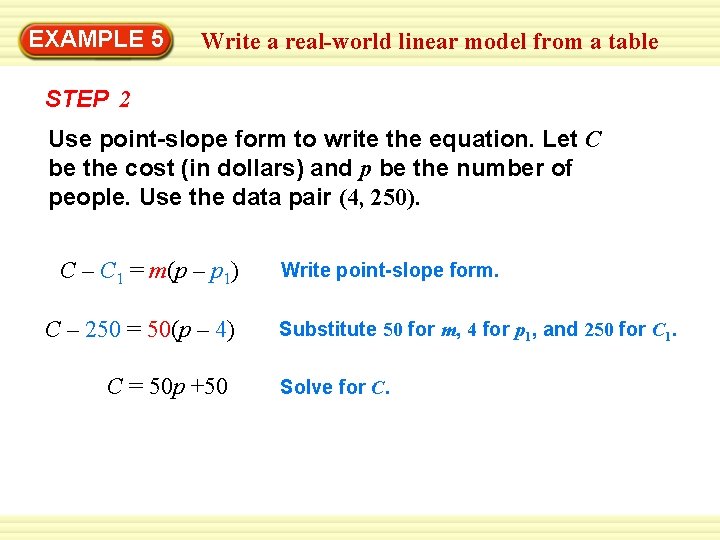 EXAMPLE 5 Write a real-world linear model from a table STEP 2 Use point-slope