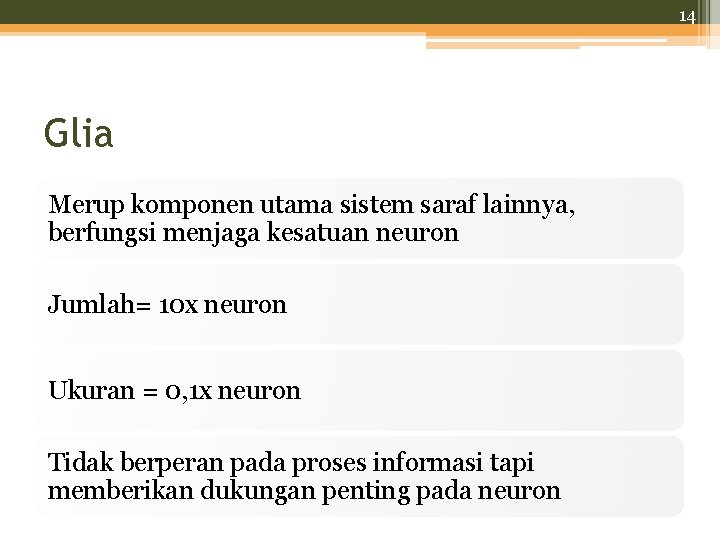 14 Glia Merup komponen utama sistem saraf lainnya, berfungsi menjaga kesatuan neuron Jumlah= 10